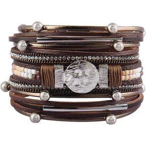 Leather Wrap Bracelet Boho Cuff Bracelets Crystal Bracelet Magnetic Multi Strand